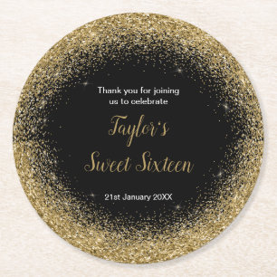 Gold Dress Faux Glitter Sweet 16 Birthday Round Paper Coaster