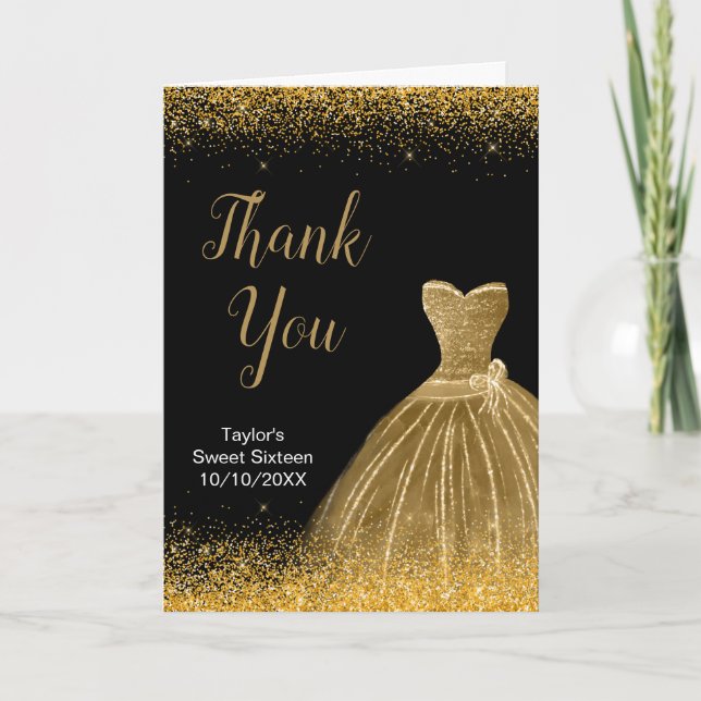 Gold Dress Faux Glitter Sweet 16 Birthday Thank You Card (Front)