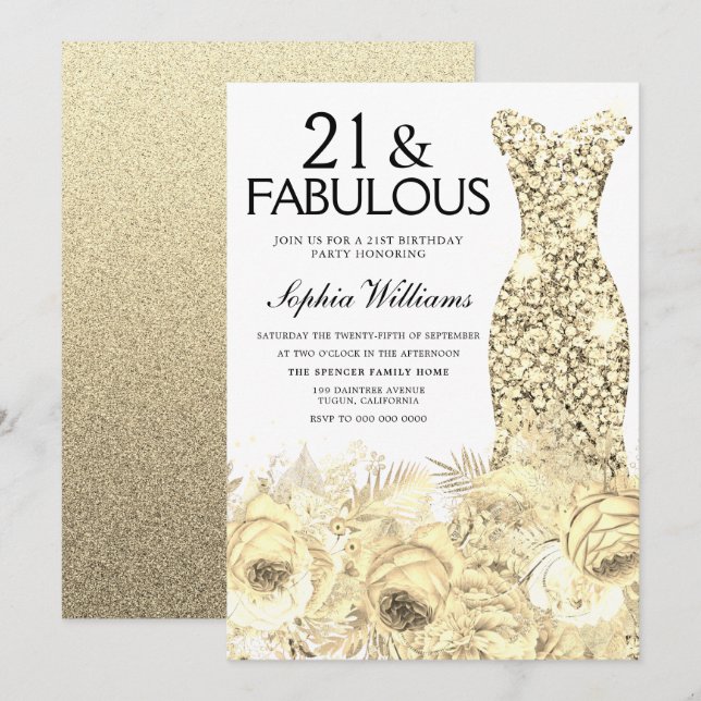 Gold Dress Floral 21 & Fabulous 21st Birthday Invitation (Front/Back)