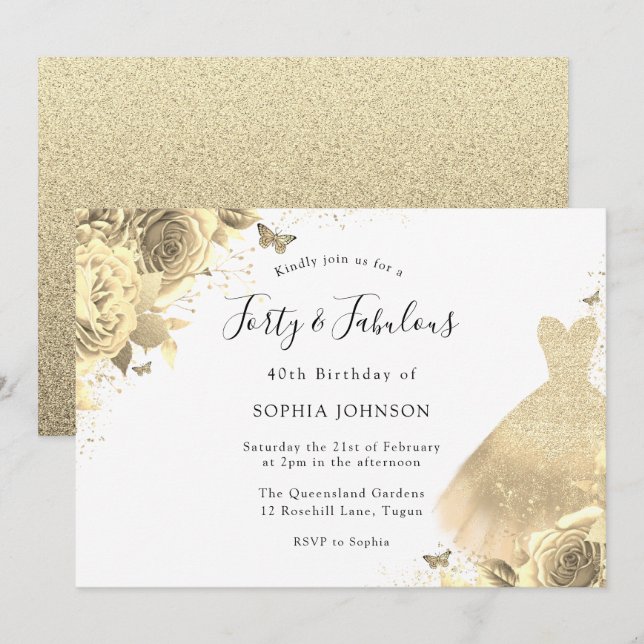 Gold Dress Floral 40th Birthday Forty & Fabulous Invitation (Front/Back)