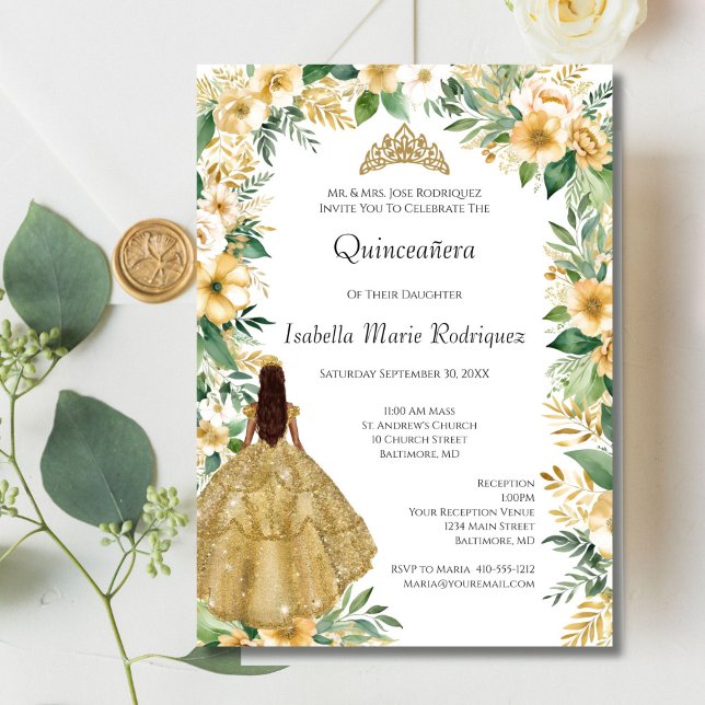 Gold Dress Floral Elegant Formal Quinceanera Invitation (Gold Dress, Gold Florals with Greenery Quinceanera Invitation)