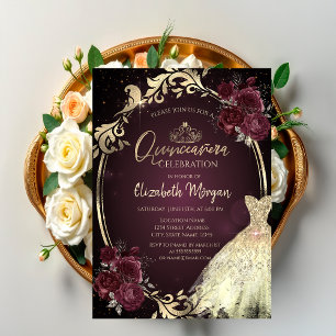 Gold Dress Frame Burgundy Roses  Quinceañera  Invitation