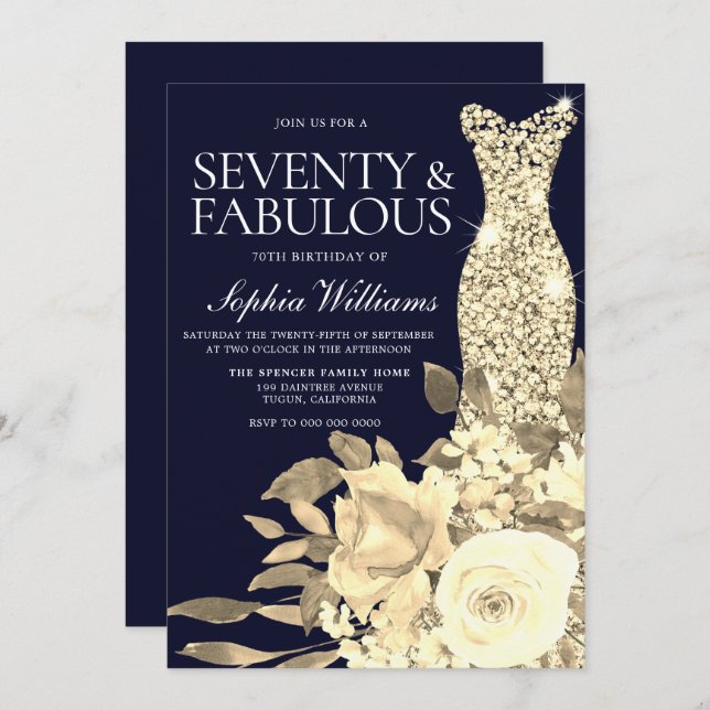 Gold Dress Golden Flowers Navy 70th Birthday Party Invitation (Front/Back)