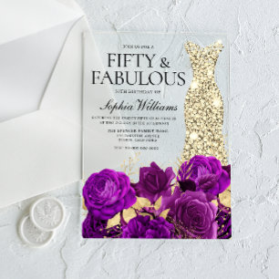 Gold Dress Purple Flowers 50th Birthday Party Acrylic Invitations