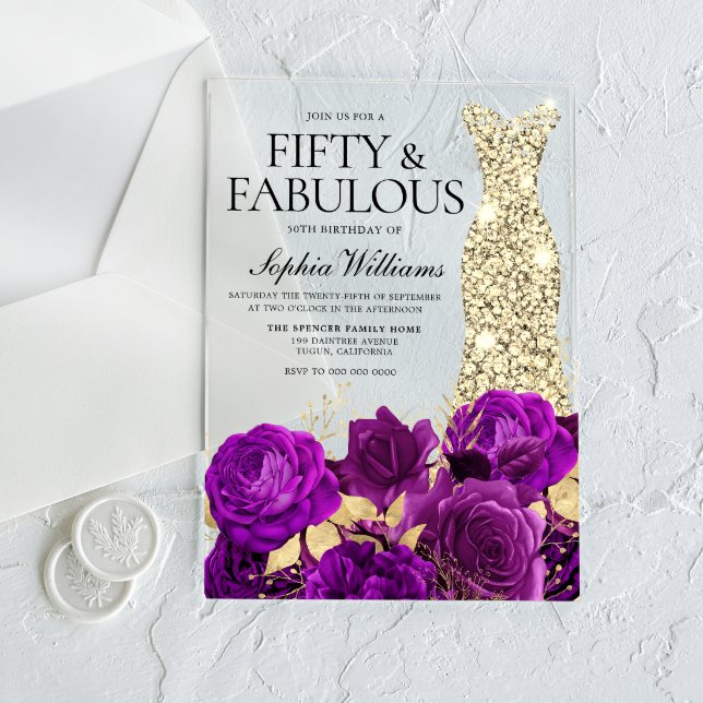 Gold Dress Purple Flowers 50th Birthday Party Acrylic Invitations (Creator Uploaded)