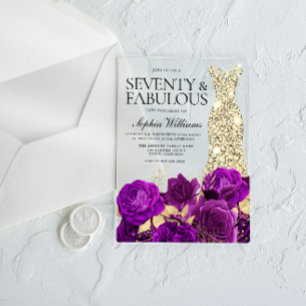 Gold Dress Purple Flowers 70th Birthday Party Acrylic Invitations