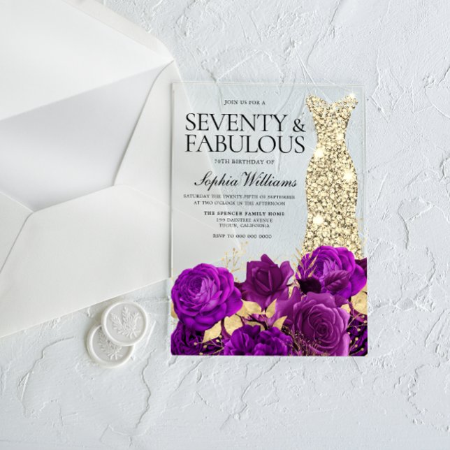 Gold Dress Purple Flowers 70th Birthday Party Acrylic Invitations (Creator Uploaded)