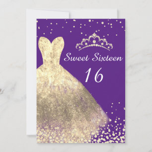Gold Dress Purple Sweet 16 Birthday Party Invitation
