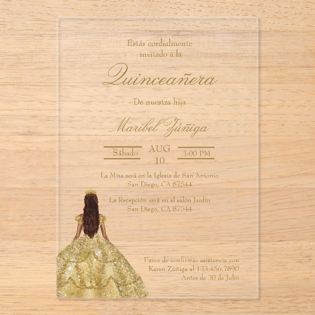 Gold dress Quinceanera invitation (Front)
