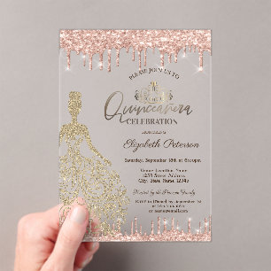 Gold Dress Rose Gold Glitter Drops Quinceañera Acrylic Invitations