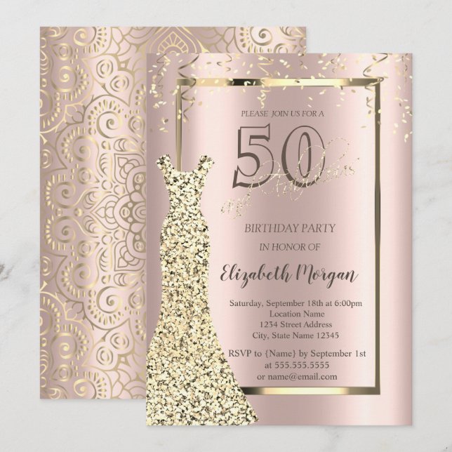 Gold Dress Rose Gold,Gold Mandala 50th Birthday Invitation (Front/Back)