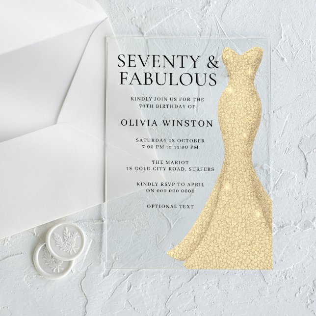 Gold Dress Seventy & Fabulous 70th Birthday Acrylic Invitations (Creator Uploaded)