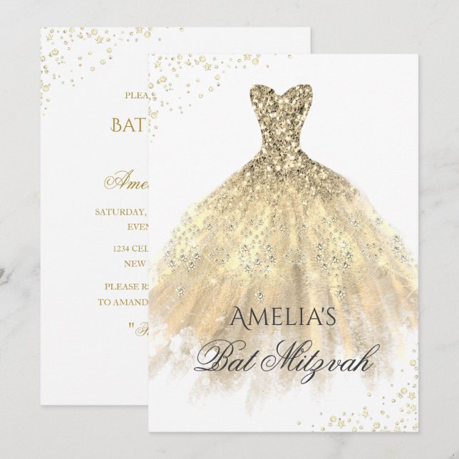Gold Dress Sparkle Girls Bat Mitzvah Invitation (Front/Back)