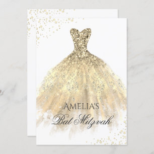 Gold Dress Sparkle Girls Bat Mitzvah Invitation