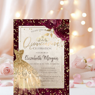 Gold Dress Tiara,Burgundy Flowers Quinceañera  Invitation