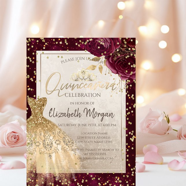 Gold Dress Tiara,Burgundy Flowers Quinceañera  Invitation (Creator Uploaded)
