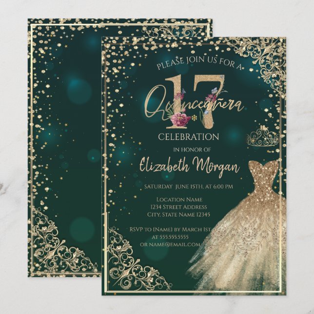  Gold Dress Tiara,Diamonds  Floral Quinceañera Invitation (Front/Back)