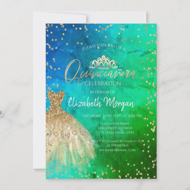  Gold Dress Tiara,Diamonds Green Blue Quinceañera Invitation (Front)