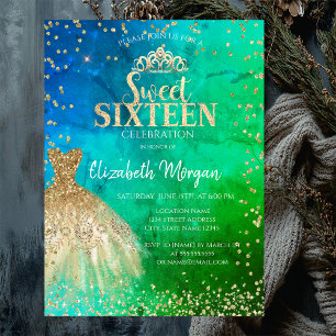  Gold Dress Tiara,Diamonds Green Blue Quinceañera Invitation