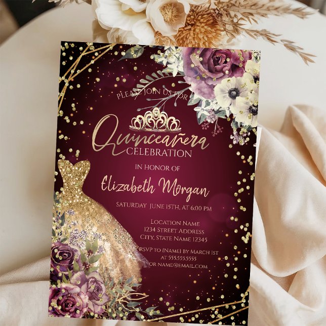 Gold Dress Tiara,Floral Burgundy Quinceañera  Invitation (Creator Uploaded)