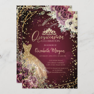 Gold Dress Tiara,Floral Burgundy Quinceañera  Invitation