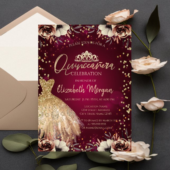  Gold Dress Tiara,Flowers Burgundy Quinceañera  Invitation (Creator Uploaded)