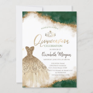 Gold Dress Tiara,Green Glitter Quinceañera  Invitation
