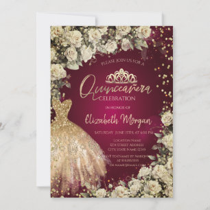Gold Dress Tiara,Roses Burgundy Quinceañera Invitation