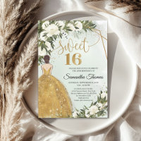 Gold dress white roses greenery olive foliage