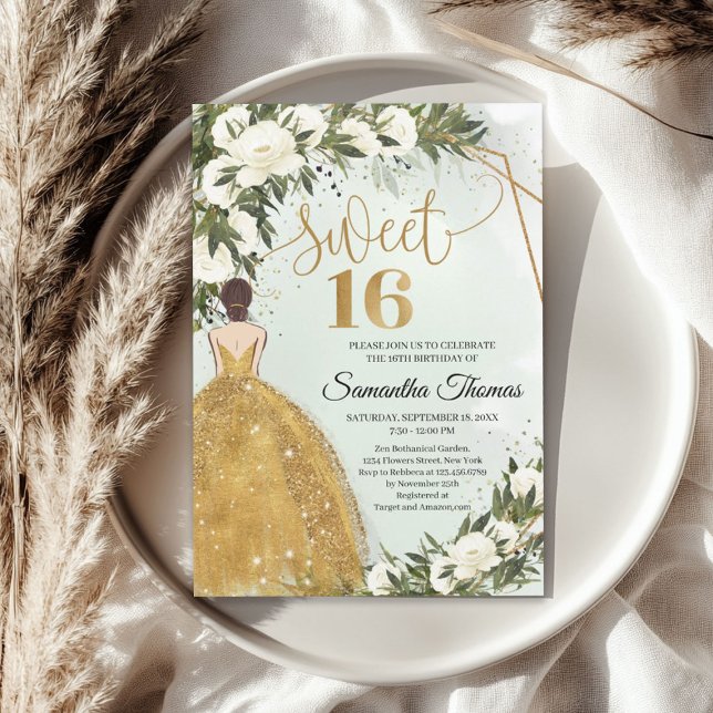 Gold dress white roses greenery olive foliage invitation (Gold dress white roses greenery olive foliage invitation)