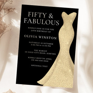 Gold Dress Womans 50th Birthday Party Black Invitation