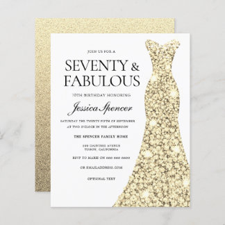 Gold Dress Womans 70th Birthday Budget Invite
