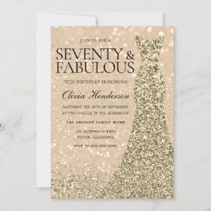 Gold Dress Womans 70th Birthday Party Sparkle  Invitation