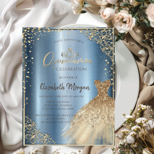  Gold DressTiara,Diamonds Blue Quinceañera Invitation