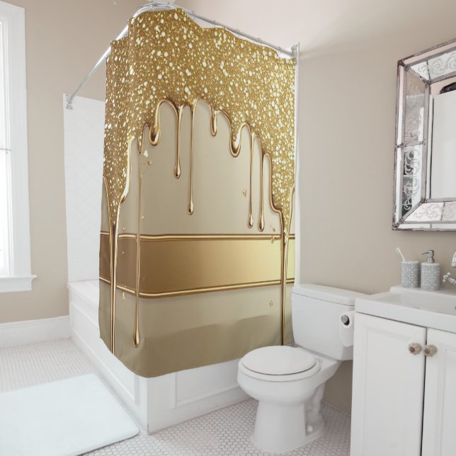 Gold Dripping Background With Glitter Borders Shower Curtain (In Situ)