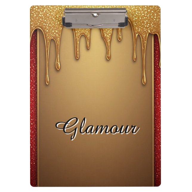 Gold Dripping Glitter Frame On Red Sparkle Backgro Clipboard (Front)