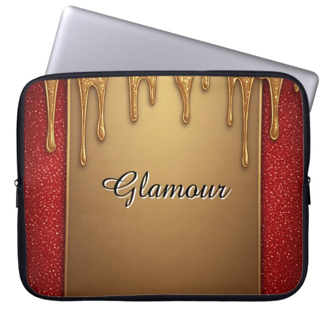 Gold Dripping Glitter Frame On Red Sparkle Backgro Laptop Sleeve (Front)