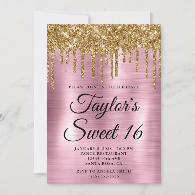 Gold Dripping Glitter Light Pink Foil Sweet 16 Invitation (Front)