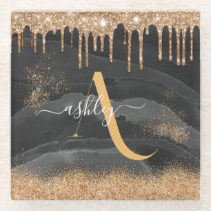 Gold Dripping Glitter Monogram Custom Metallic Glass Coaster