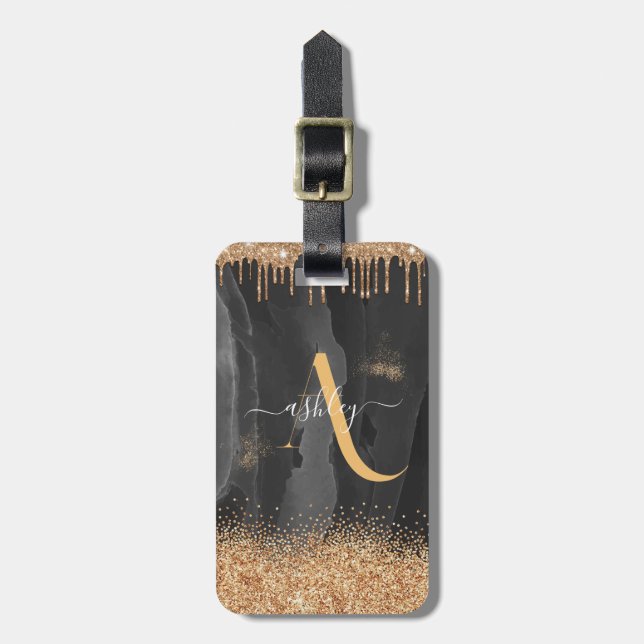 Gold Dripping Glitter Monogram Custom Metallic Luggage Tag (Front Vertical)