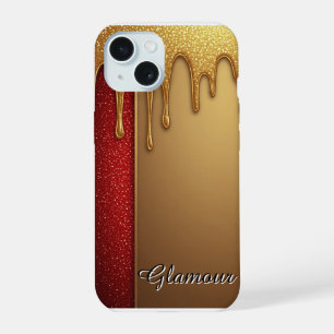 Gold Dripping Glitter Red Glam Holiday Gift iPhone 15 Case