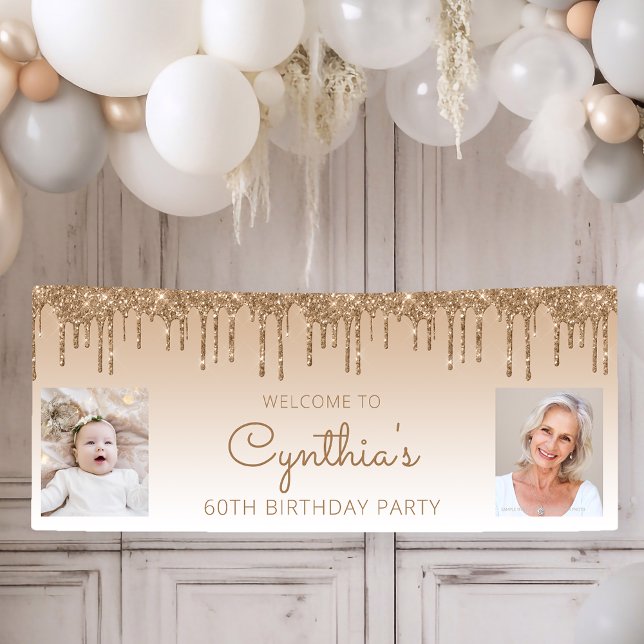 Gold Dripping Glitter Two Photo 60th Birthday Banner (Creator Uploaded)