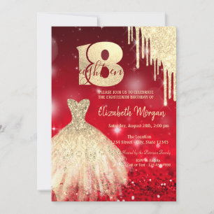 Gold Drips Dress Red Bokeh 18th Birthday Invitation
