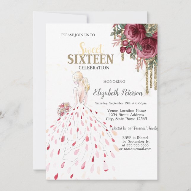 Gold Drips,Dress,Watercolor Roses Sweet 16 Invitation (Front)