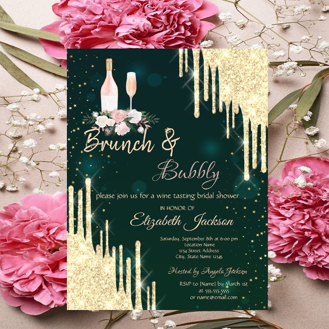 Gold  Drips Green Brunch & Bubbly Bridal Shower  Invitation (Creator Uploaded)