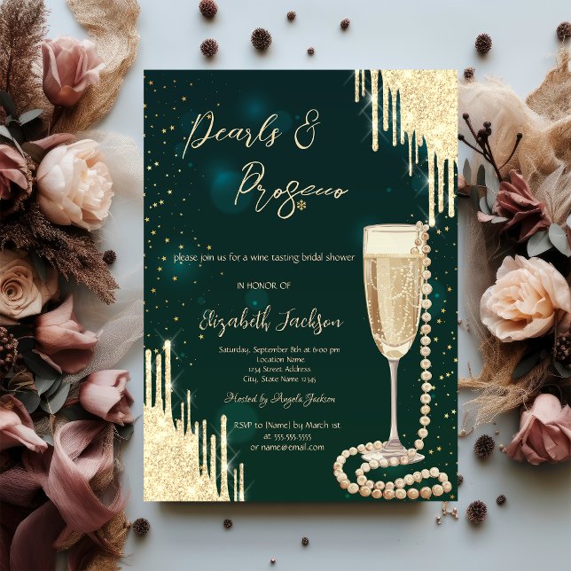 Gold  Drips Green Pearls Prosecco Bridal Shower  Invitation (Creator Uploaded)