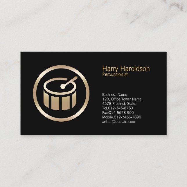 Gold Drum Icon Percussionist Business Card (Front)