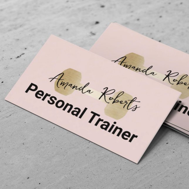 Gold Dumbbell Blush Pink Fitness Personal Trainer Business Card (Creator Uploaded)