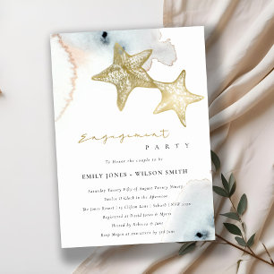 GOLD DUSKY BLUE BEACH STARFISH ENGAGEMENT INVITE