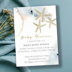 Gold Dusky Blue Beachy Starfish Baby Shower Invitation